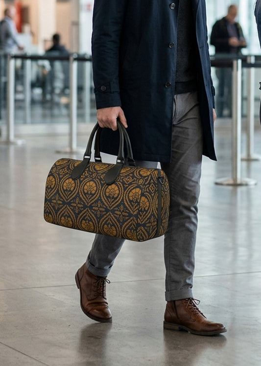 A man in a navy coat, gray trousers, and brown leather boots carries a patterned duffel bag with a dark blue and gold geometric design in a modern indoor setting.