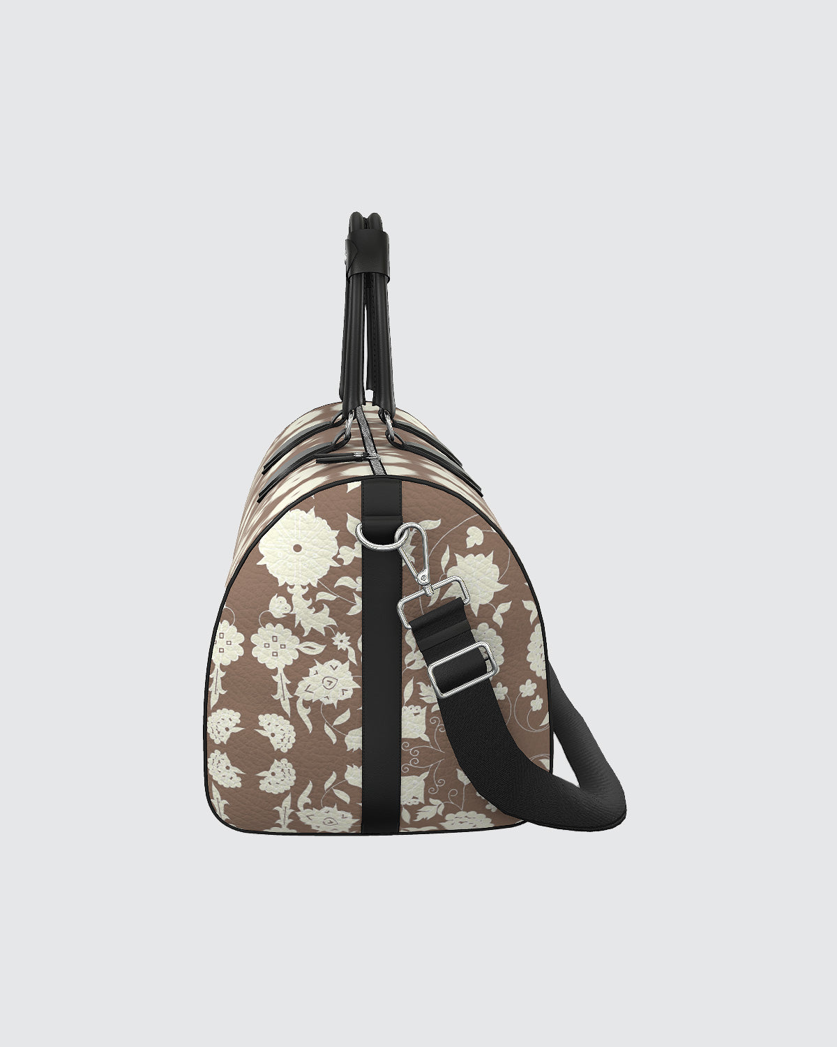 Duffle bag with white floral pattern on mocha background