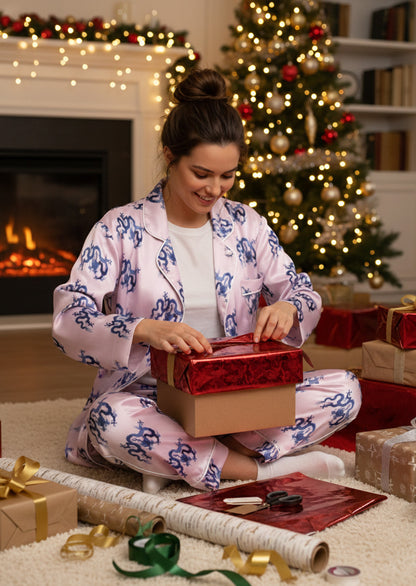 Woman in pink silk pjs with blue dragons opening a gift box in a festive living room.
