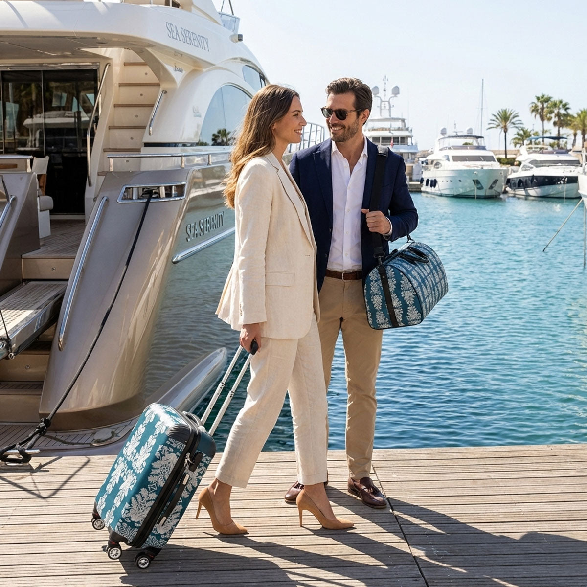 Suitcase - Cabin 55cm and 45cm - Damask On Teal