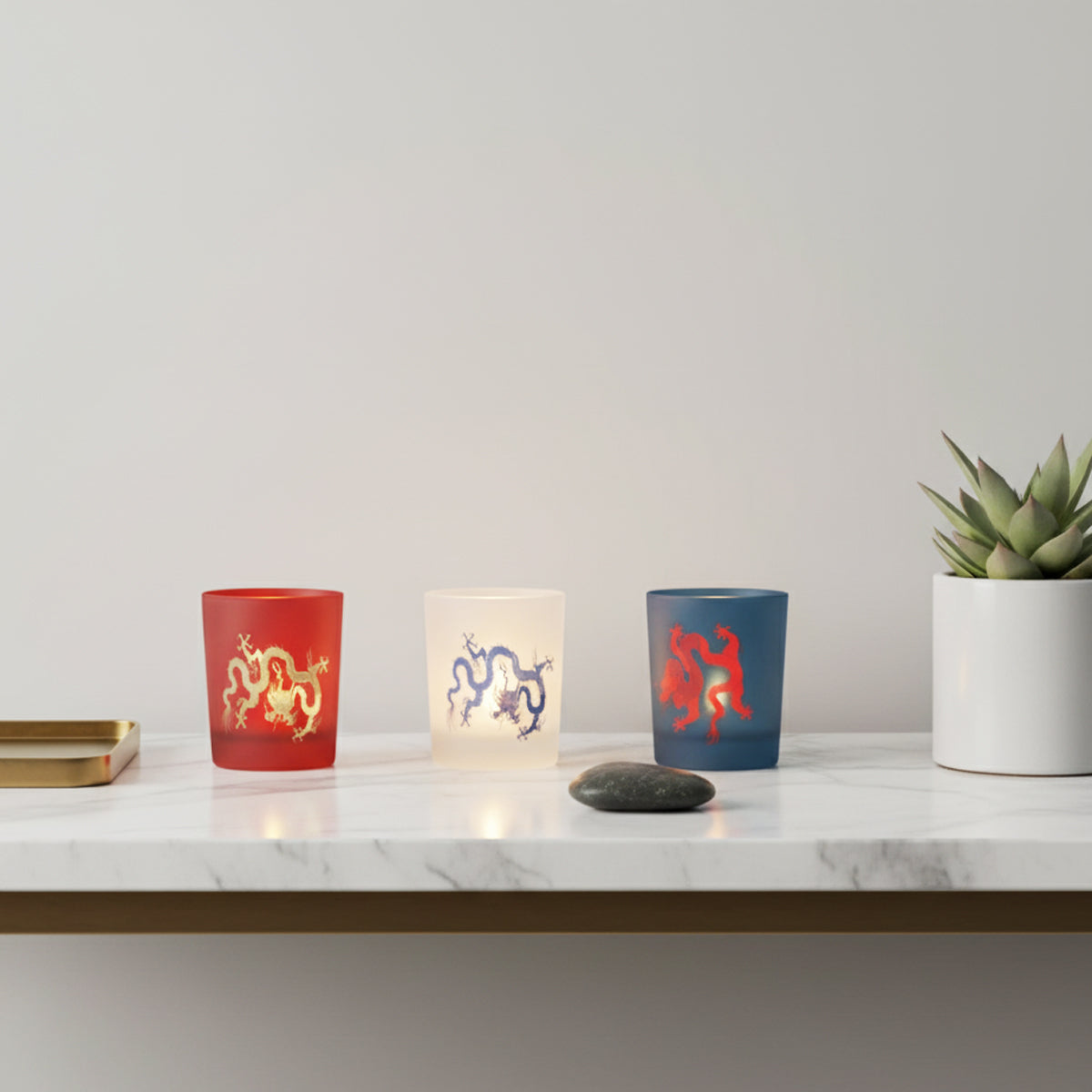 Three Dragon Glass Tea Light Holders