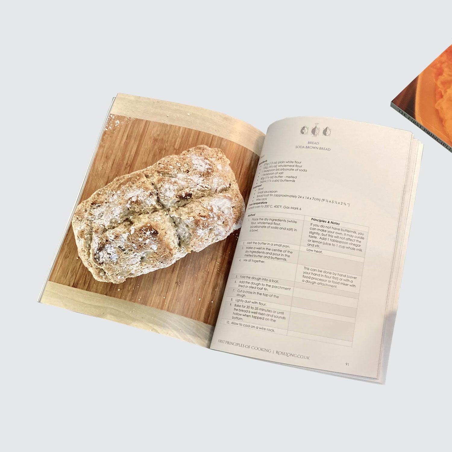 First principles of Cooking recipe book showing page opened at the Soda bread recipe.