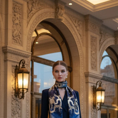 Silk Scarf With Golden Dragon - Hand-Rolled Hems