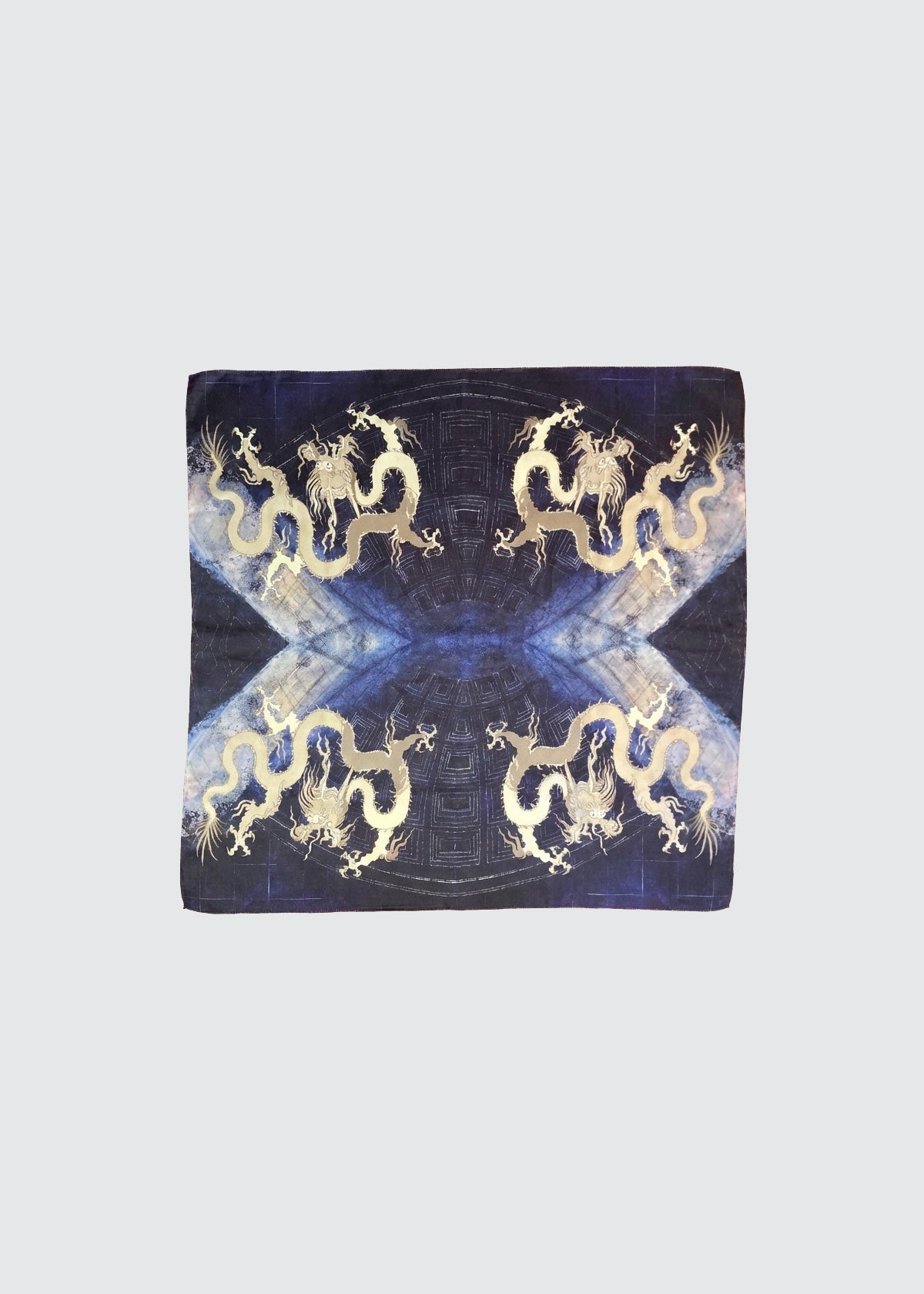 Square silk scarf golden dragons on a blue background
