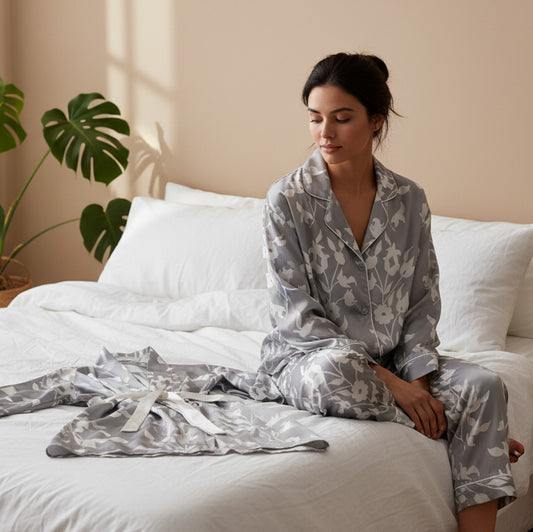 Woman in white floral on grey pajamas sitting on a bed with a plant in the corner.