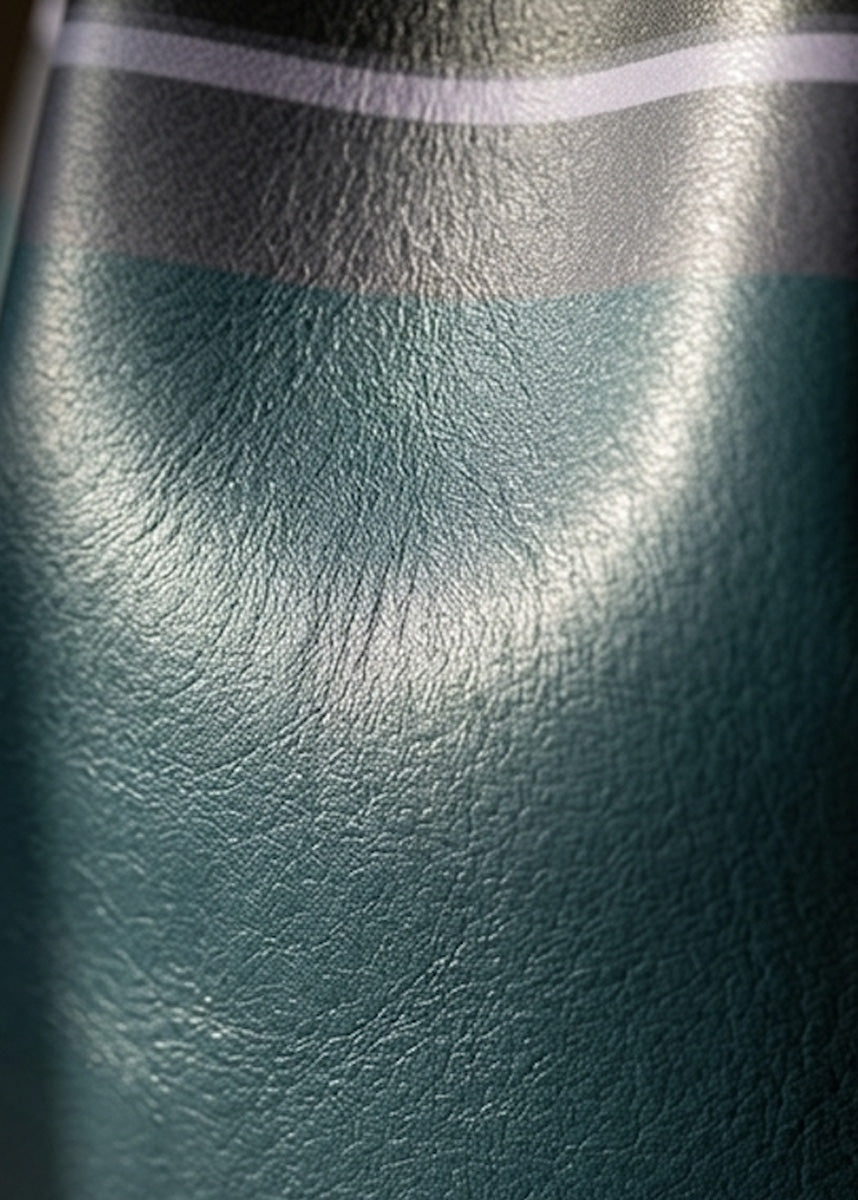 Close-up detail of a textured leather showing a dark teal-green surface with a lighter gray band near the top of a bucket handbag.