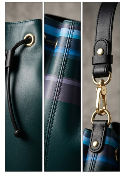 Close-up detail collage of a handbag showing a dark teal leather strap with a gold eyelet, a striped leather panel in blue, purple, and teal, and a black leather strap with gold hardware.