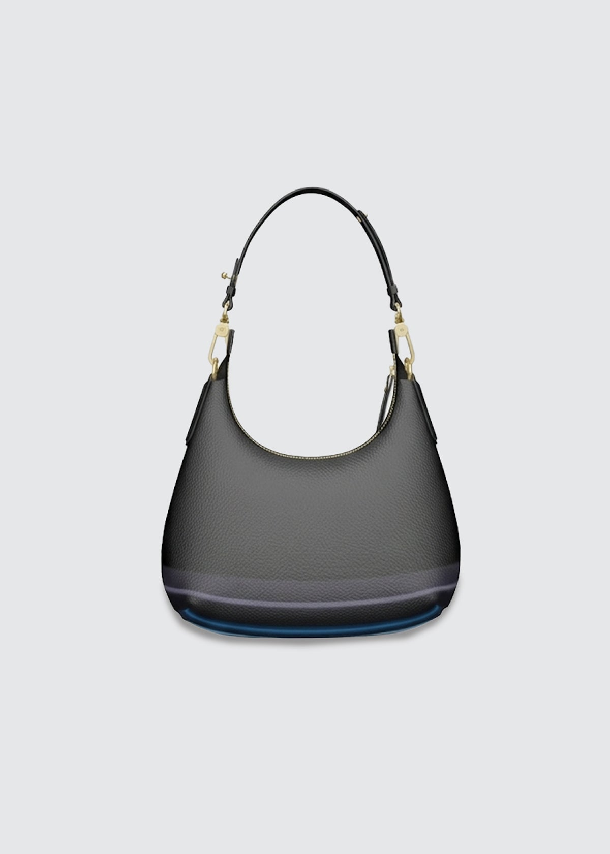 A black with stripes at the base, pebbled leather crescent bag with a black strap and gold-tone hardware, shown against a light gray background.