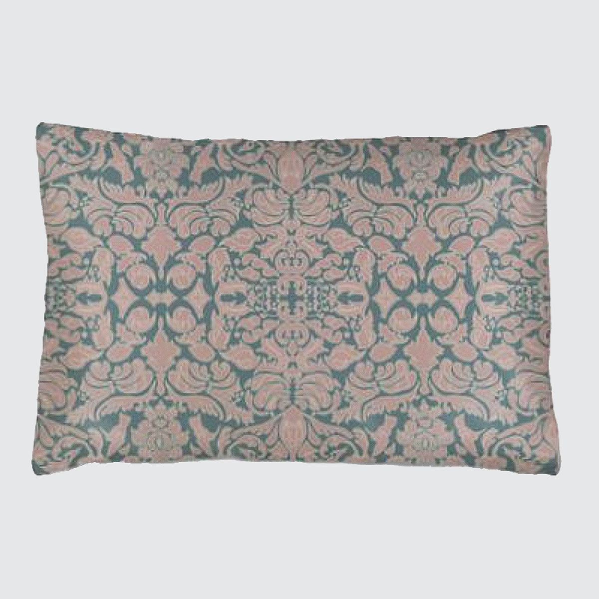 Silk pillowcase with pink and sage green hummingbird damask design