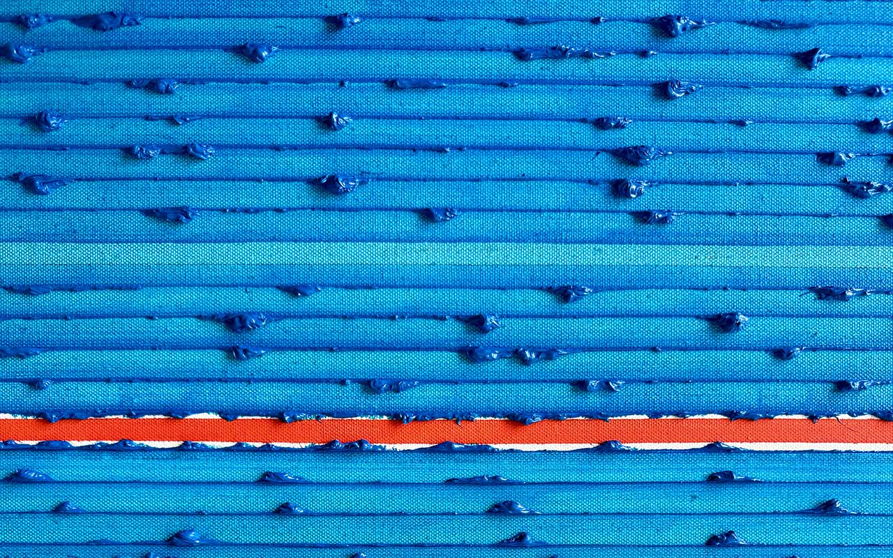 Close-up of blue oil Stripes painting with an orange stripe by Rose Long