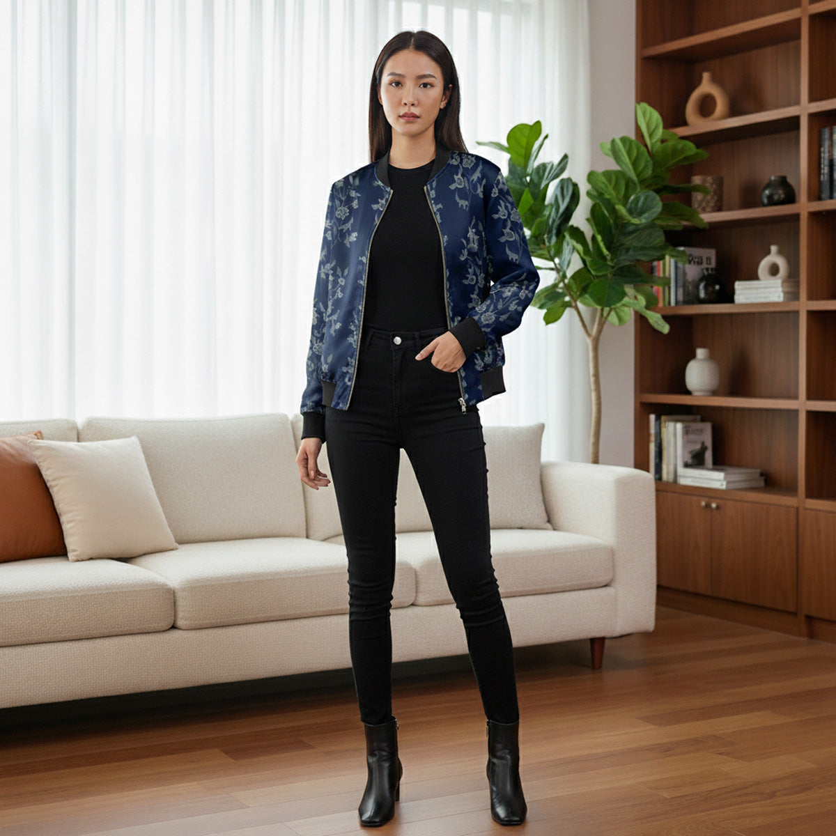 Bomber Jacket - Blue with White Foliage