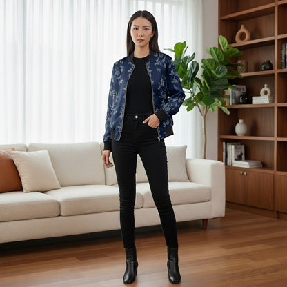 Bomber Jacket - Blue with White Foliage
