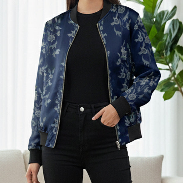 Bomber Jacket - Blue with White Foliage