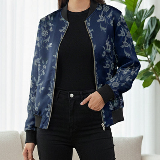 Bomber Jacket - Blue with White Foliage