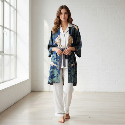 Kimono Silk Robe - Blue and Green Damask
