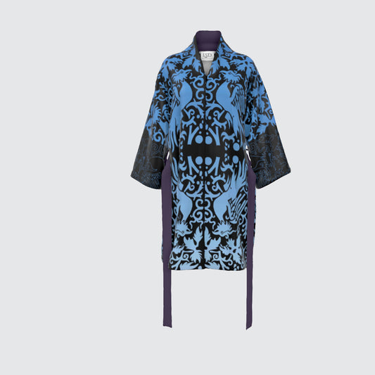 Kimono Silk Robe - Phoenix on Blue