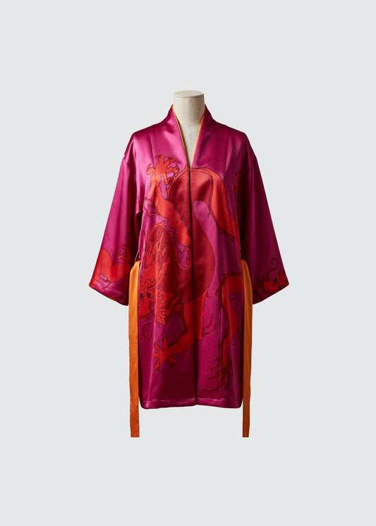 Kimono Silk Robe - Red Dragon on Hot Pink