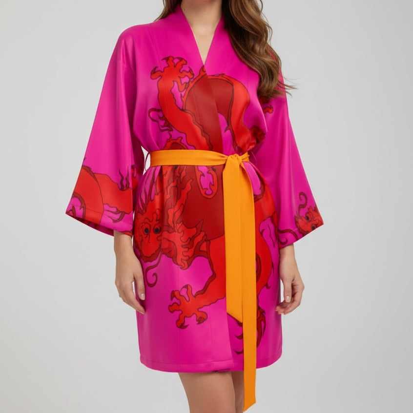 Kimono Silk Robe - Red Dragon on Hot Pink
