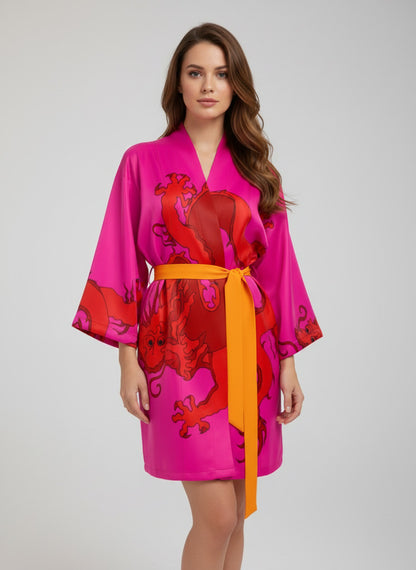 Kimono Silk Robe - Red Dragon on Hot Pink