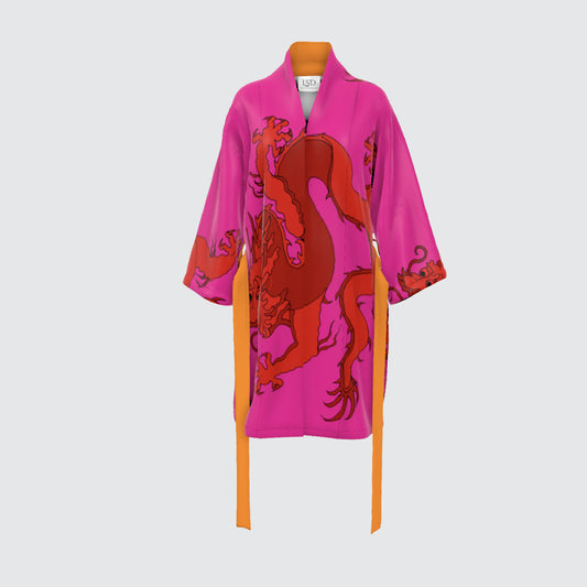 Kimono Silk Robe - Red Dragon on Hot Pink