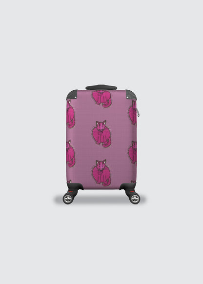 A pink hardshell suitcase with a repeating pattern of pink cartoon cats, shown from the front.