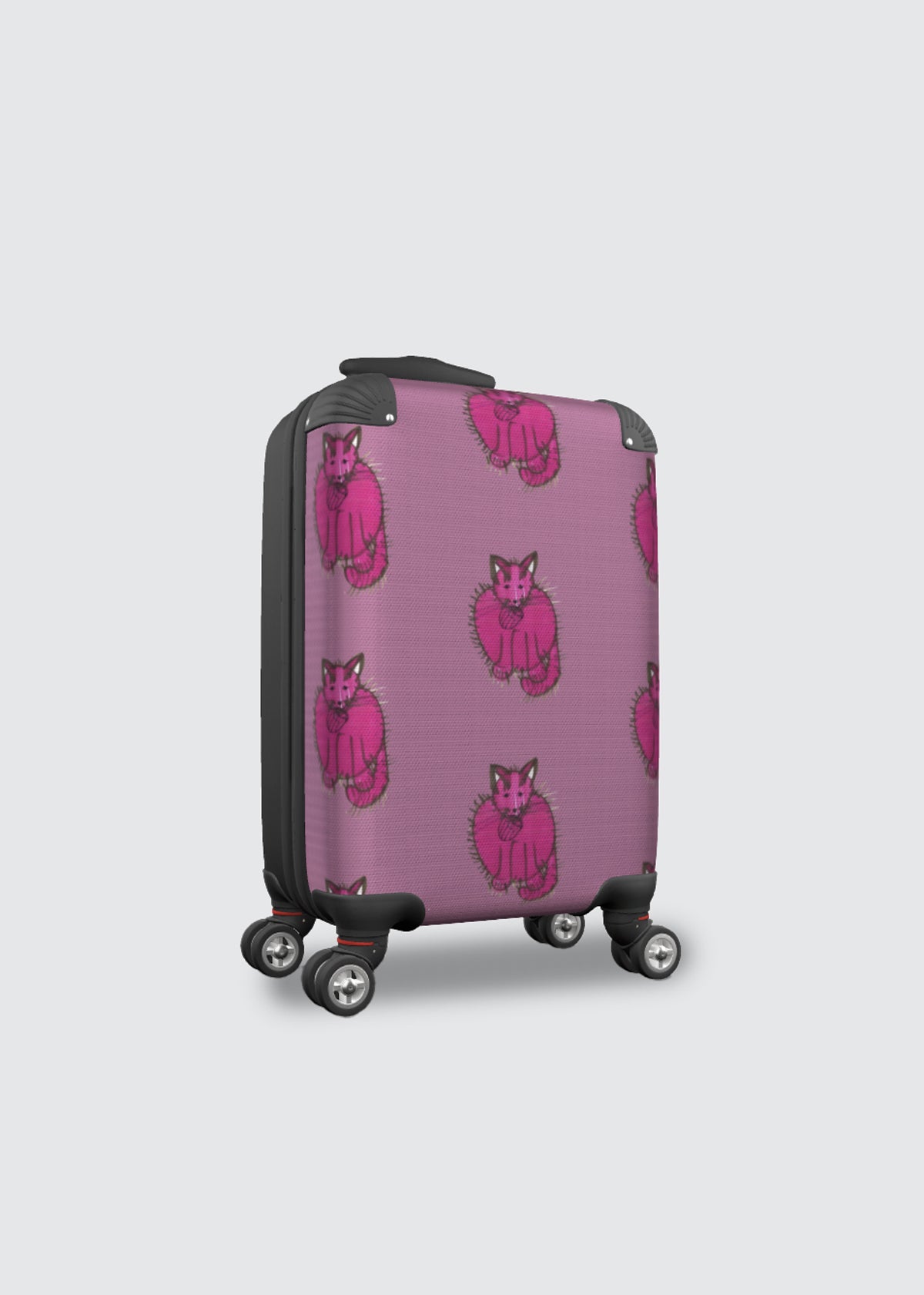 A hard-shell carry-on suitcase with a pink patterned exterior featuring cartoon cat illustrations.