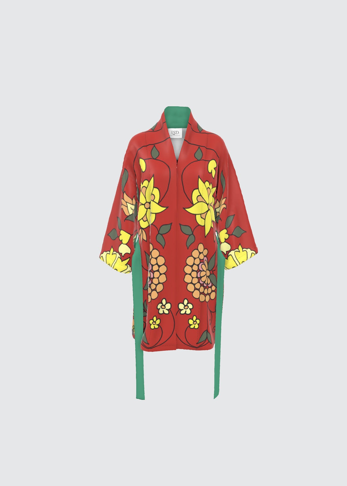 Red floral silk kimono robe with yellow flowers 
