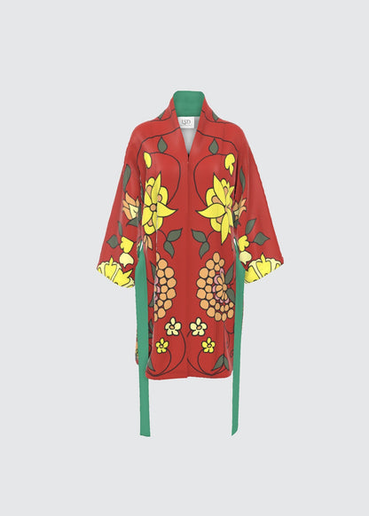 Red floral patterned silk kimono robe with green accents