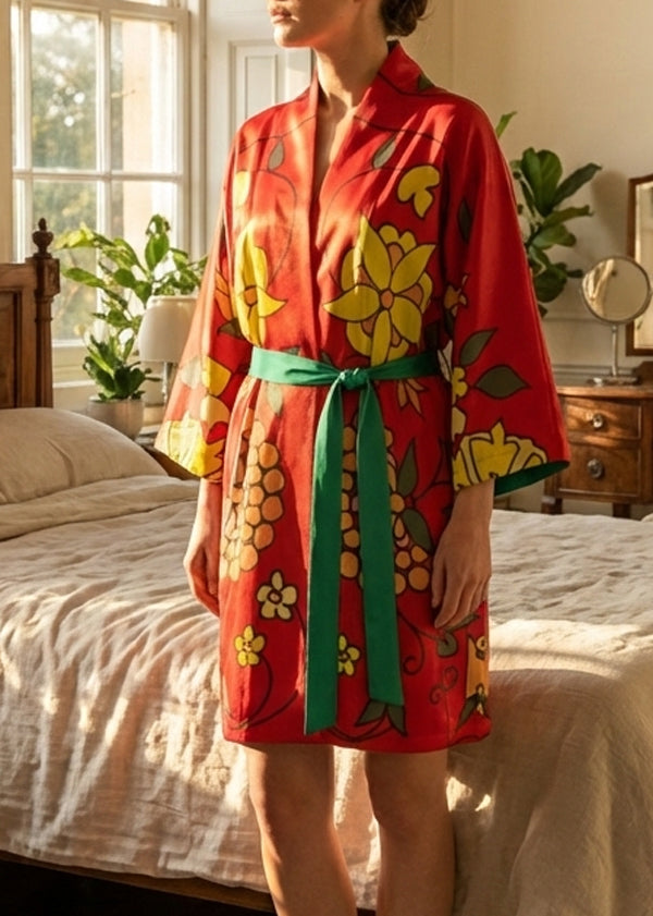 Person wearing a red floral silk kimono robe in a bedroom setting