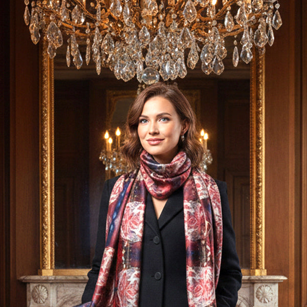 Silk Scarf - Red With Line Roses - Hand-Rolled Hems