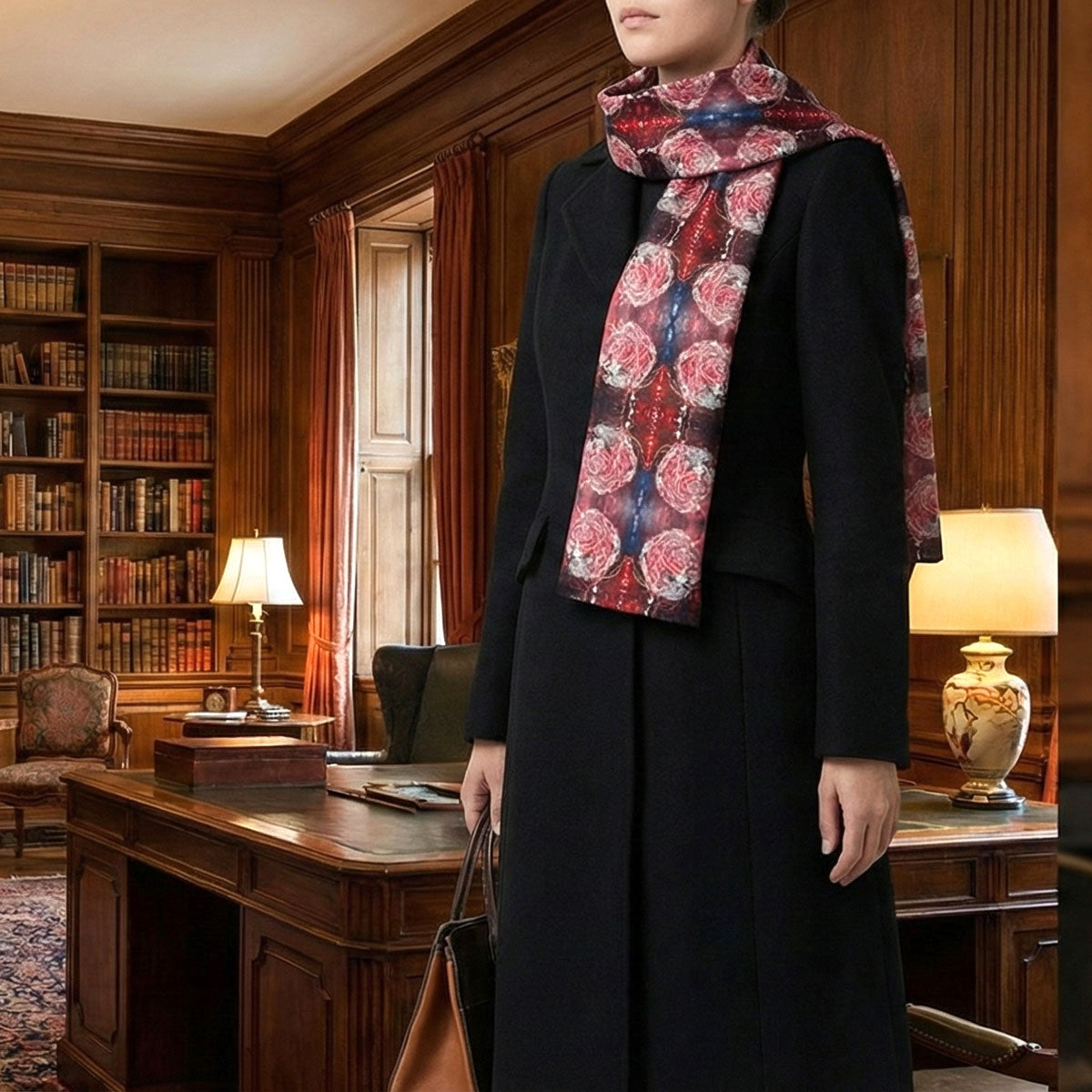 Silk Scarf - Red With Line Roses - Hand-Rolled Hems