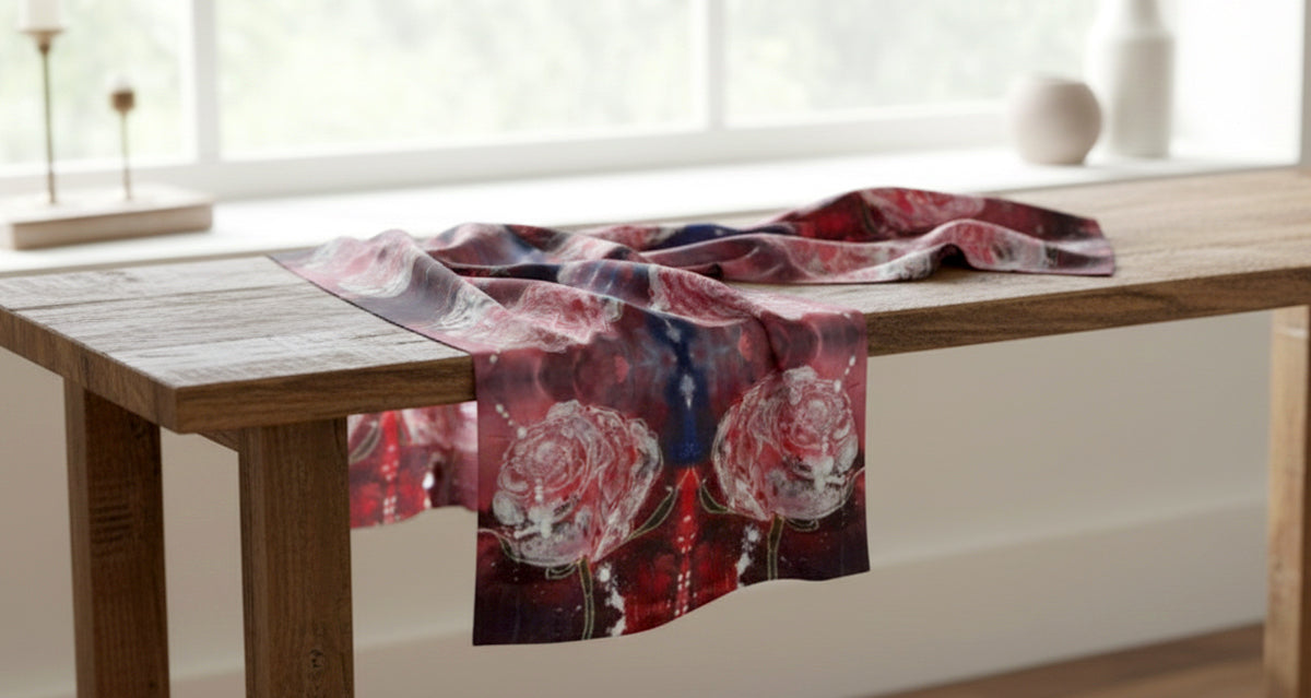 Silk Scarf - Red With Line Roses - Hand-Rolled Hems