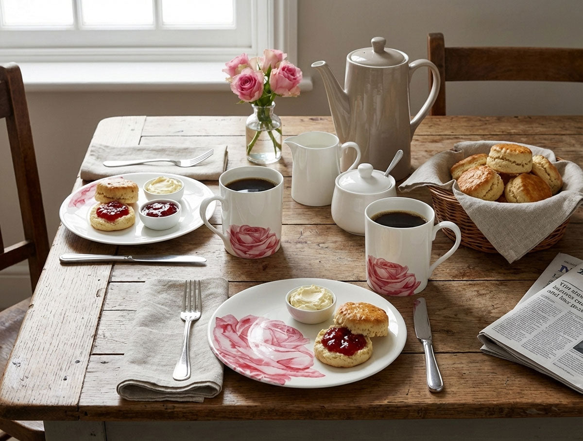Breakfast setting on a wooden table with tea, scones, and flowers. White mugs and plates with rose designs.