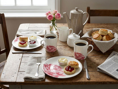 Breakfast setting on a wooden table with tea, scones, and flowers. White mugs and plates with rose designs.