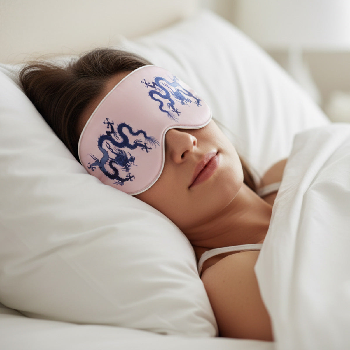 Silk Eye Mask - Pink with Blue Dragons