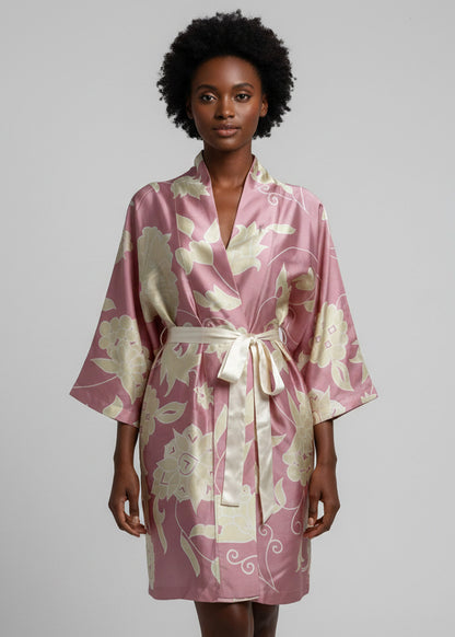 Kimono Silk Robe - Pink With Cream Floral Design