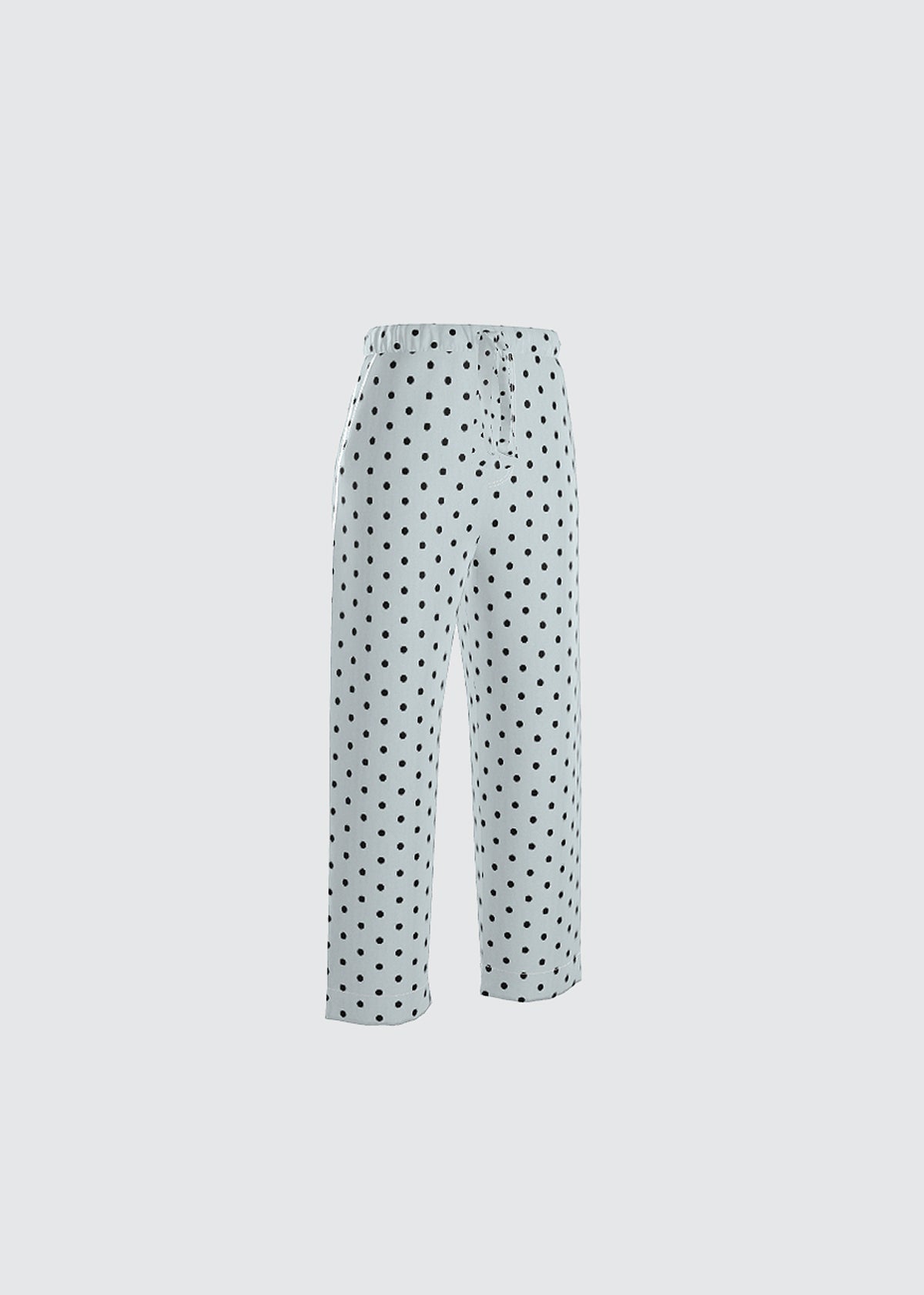 Pale seafoam blue with black Polka dot pyjama bottoms.