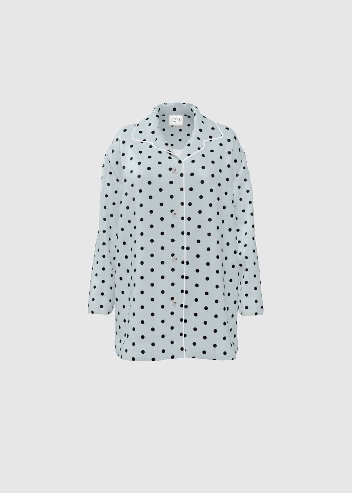 Pale seafoam blue with black Polka dot pyjama top.