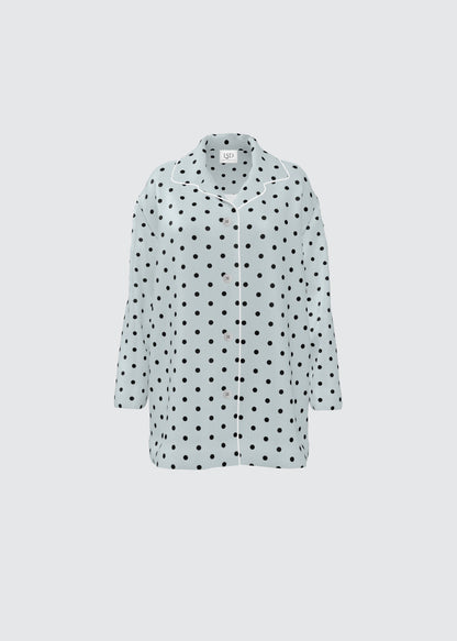 Pale seafoam blue with black Polka dot pyjama top.