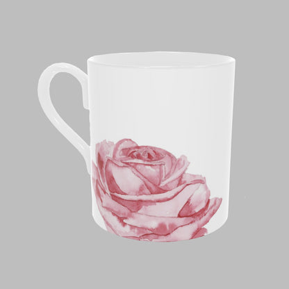 White bone china mug with a pink watercolour rose design 