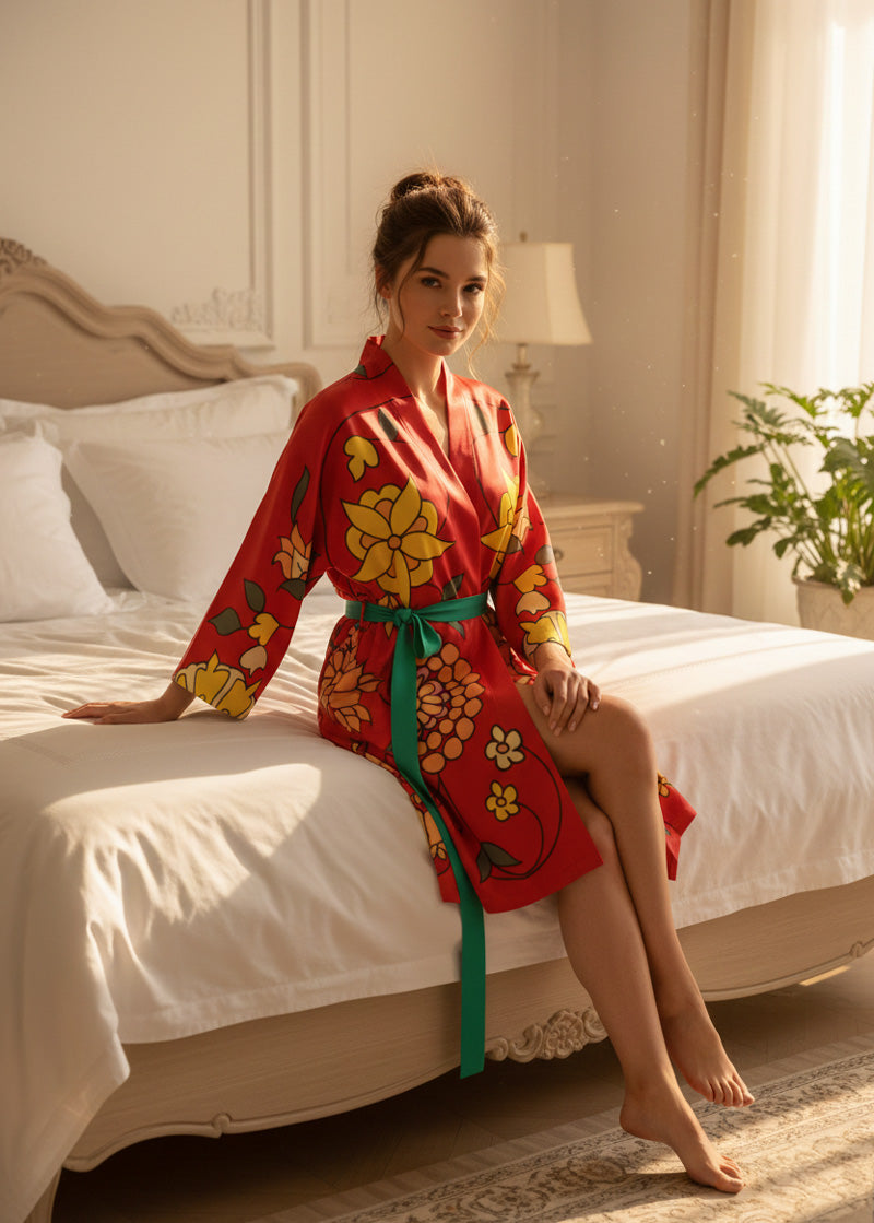 Woman in a red floral silk kimono robe sitting on a bed in a well-lit bedroom.