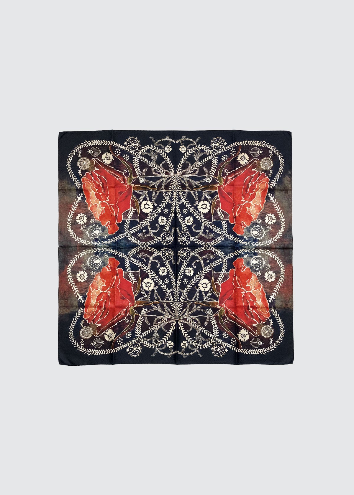 Square silk scarf with red roses and hite foliage on a dark background