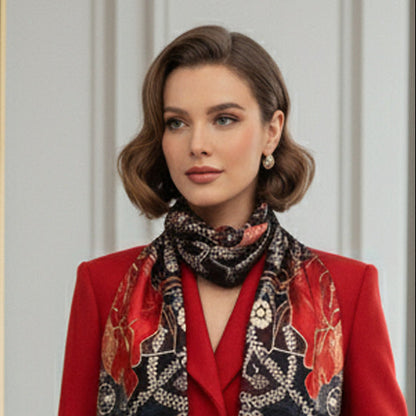 Silk Scarf With Roses And Foliage - Hand-Rolled Hems