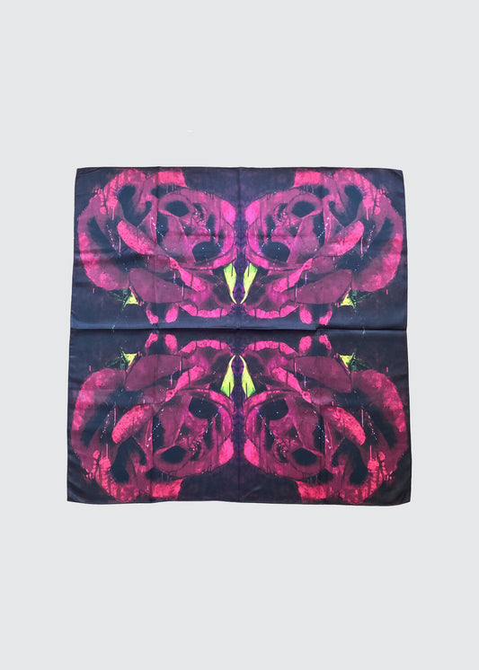 Silk Scarf With Red Roses - Hand Rolled