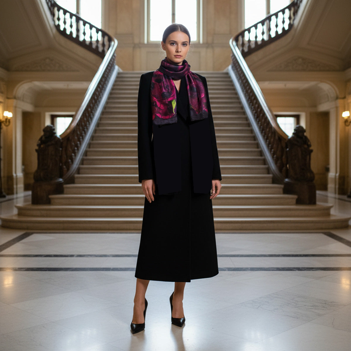 Silk Scarf With Red Roses - Hand Rolled