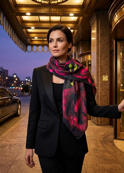 Woman wearing a silk scarf with red roses in an urban setting.