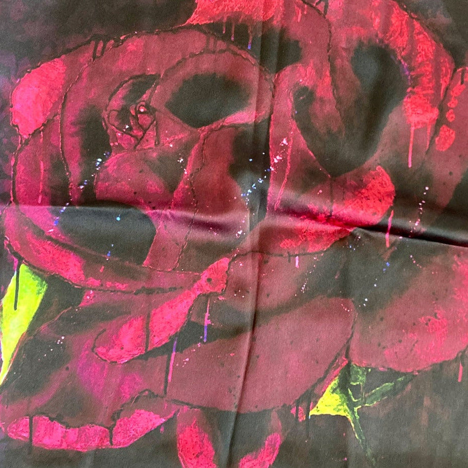Detail of Silk scarf fabric with red roses.
