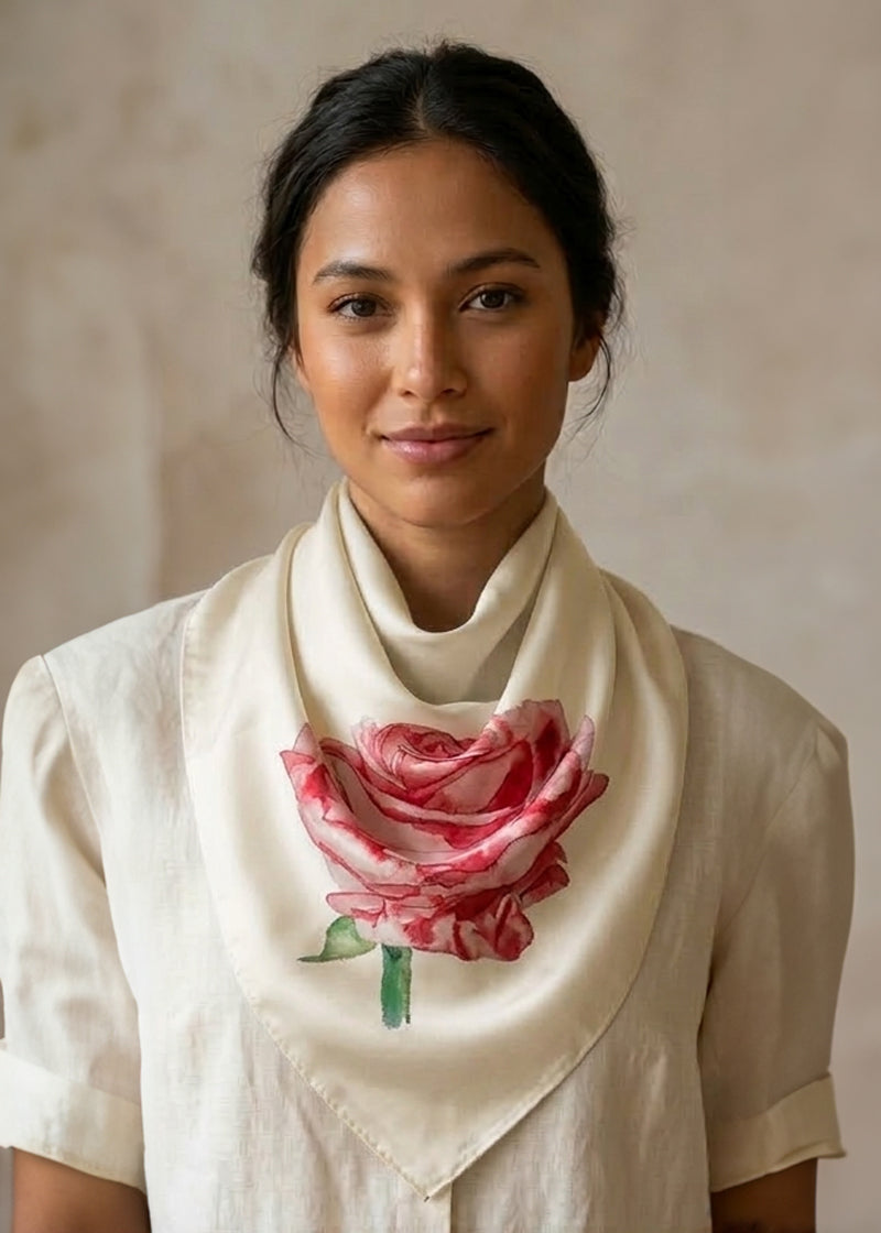 Woman wearing a cream-colored scarf with a pink and red rose design against a beige background, tied in a cowboy knot.