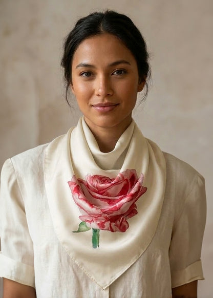 Woman wearing a cream-colored scarf with a pink and red rose design against a beige background, tied in a cowboy knot.