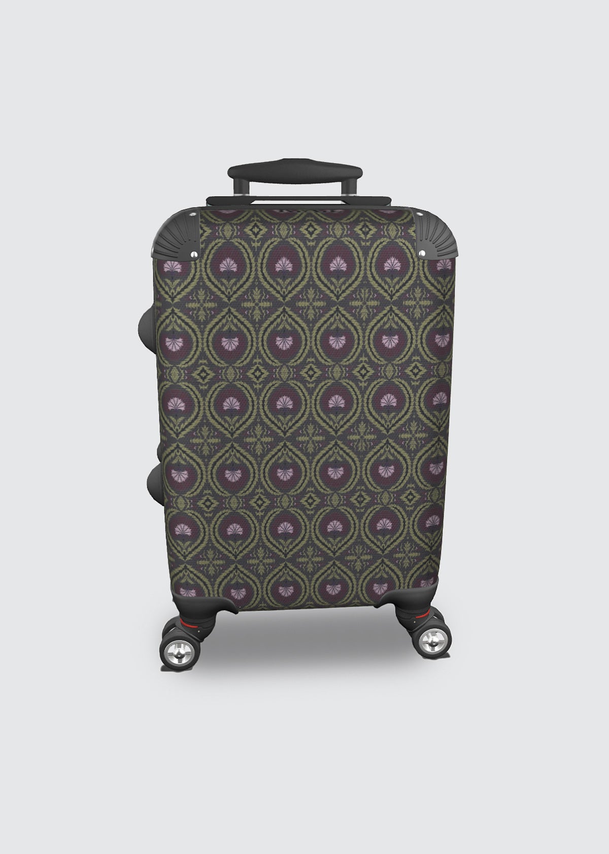 A hard-shell carry-on suitcase with a mocha and purple geometric pattern, featuring four spinner wheels and an extended telescopic handle, shown against a light gray background.